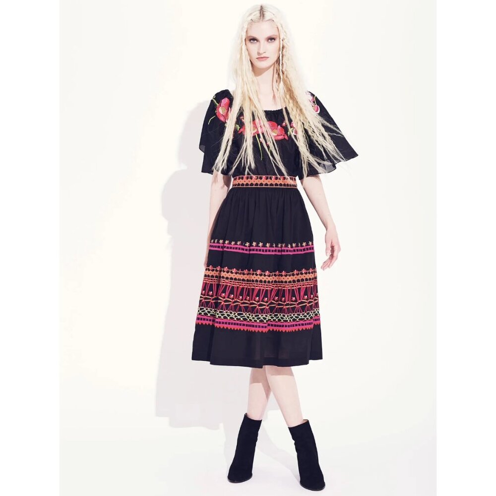 NWOT Temperley London Embroidered Black Midi Skirt w/Pink Detail - UK14/US10